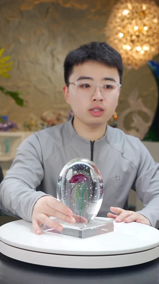 手工艺品琉璃金红色气泡工艺水母摆件带底座