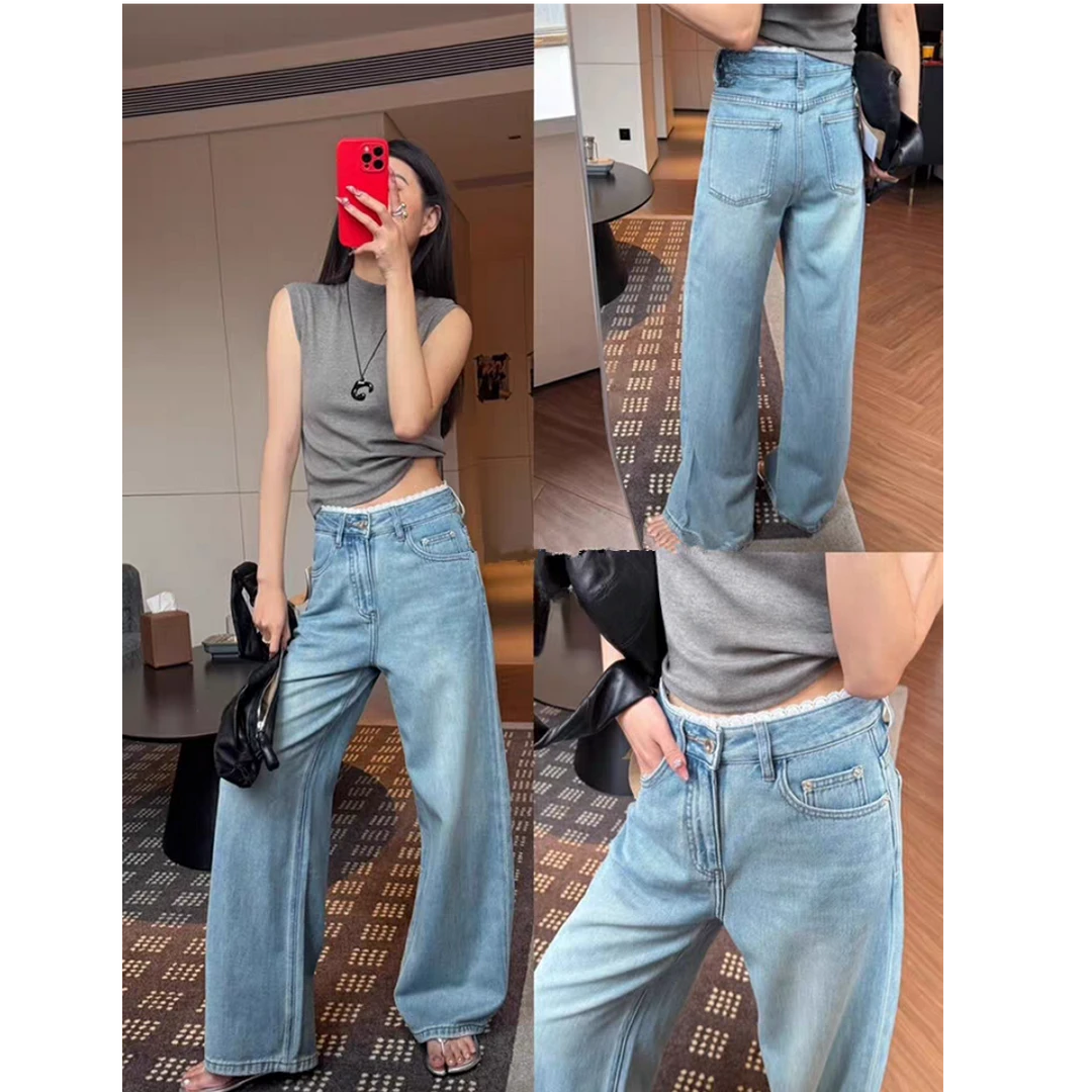 春季韩版设计感拼接蕾丝边腰头阔腿牛仔裤时尚百搭浅色高腰直筒裤