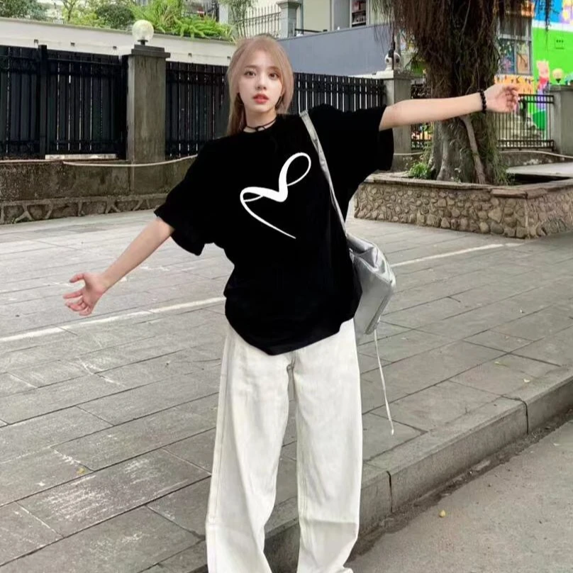 潮牌纯棉短袖t恤男女夏季大码300斤圆领宽松休闲美式高街显瘦半袖