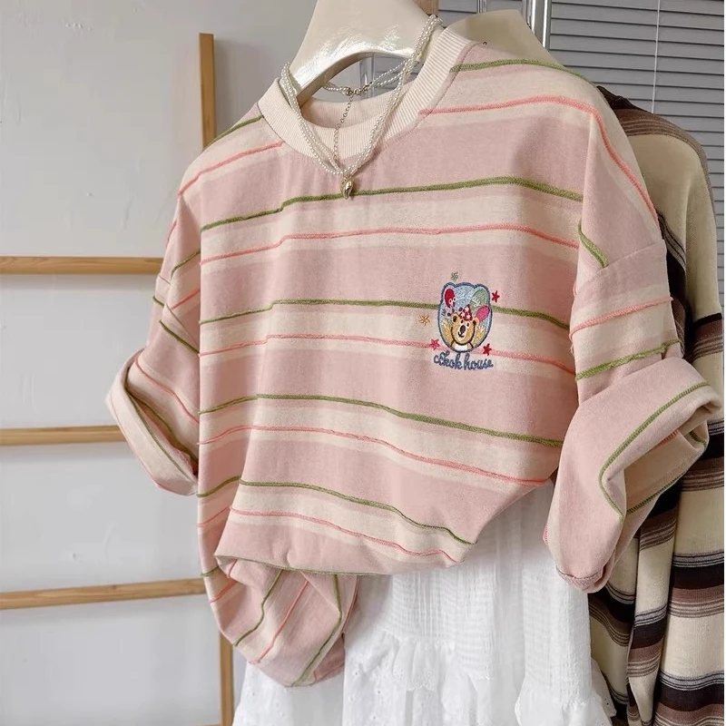 2025夏季新款哺乳衣短袖外出刺绣条纹纯棉产后宽松喂奶衣短袖t恤