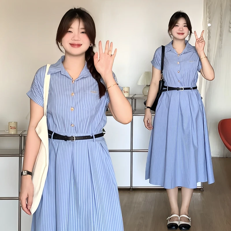 胖mm大码夏季新款通勤套头短袖收腰显瘦气质蓝色条纹2025年夏款棉