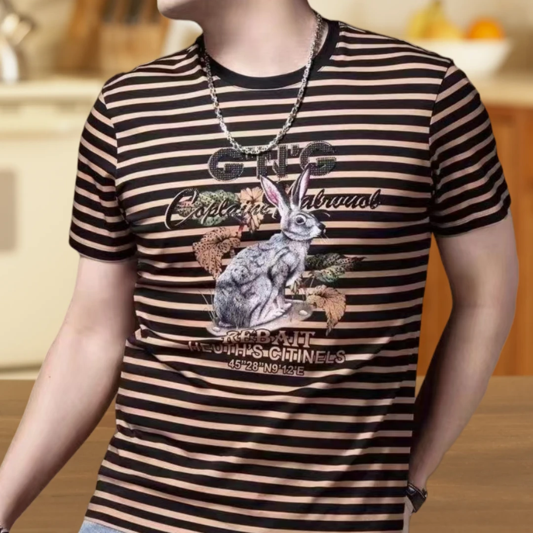 夏季小白兔条纹欧美简约印花男士短袖T恤时尚大码圆领休闲半袖