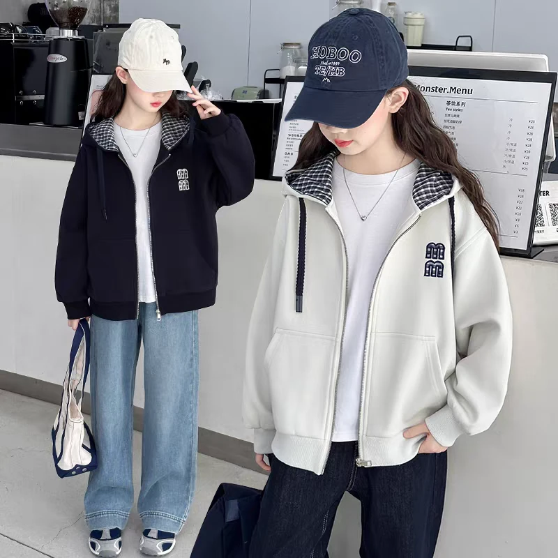 女童外套春秋2025新款洋气女孩夹克开衫卫衣儿童秋装宽松连帽上衣