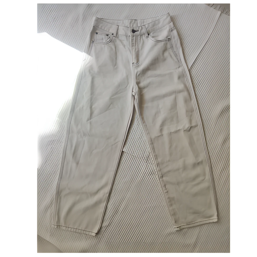 春夏季复古单宁米白色薄裤牛仔裤修身直筒裤--捡漏清仓