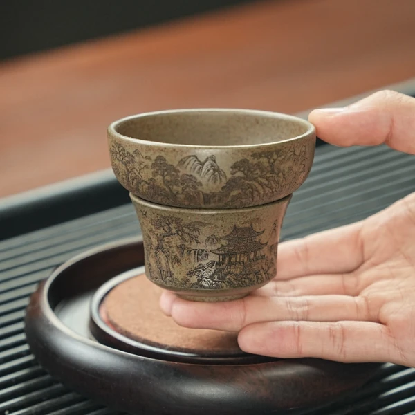 宜兴原矿段泥柴烧手工刻绘清幽雅居图紫砂茶漏 LY