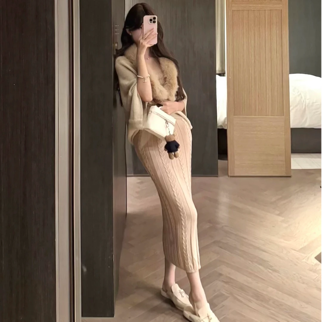 千金风套装女秋法式气质麻花针织吊带背心高腰半身长裙两件套裙子