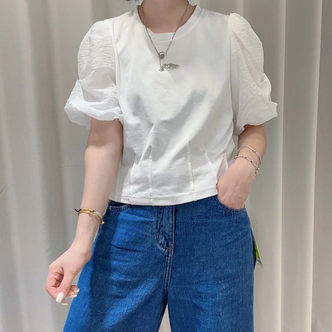 香影泡泡袖白色短款常规气质夏季百搭T恤