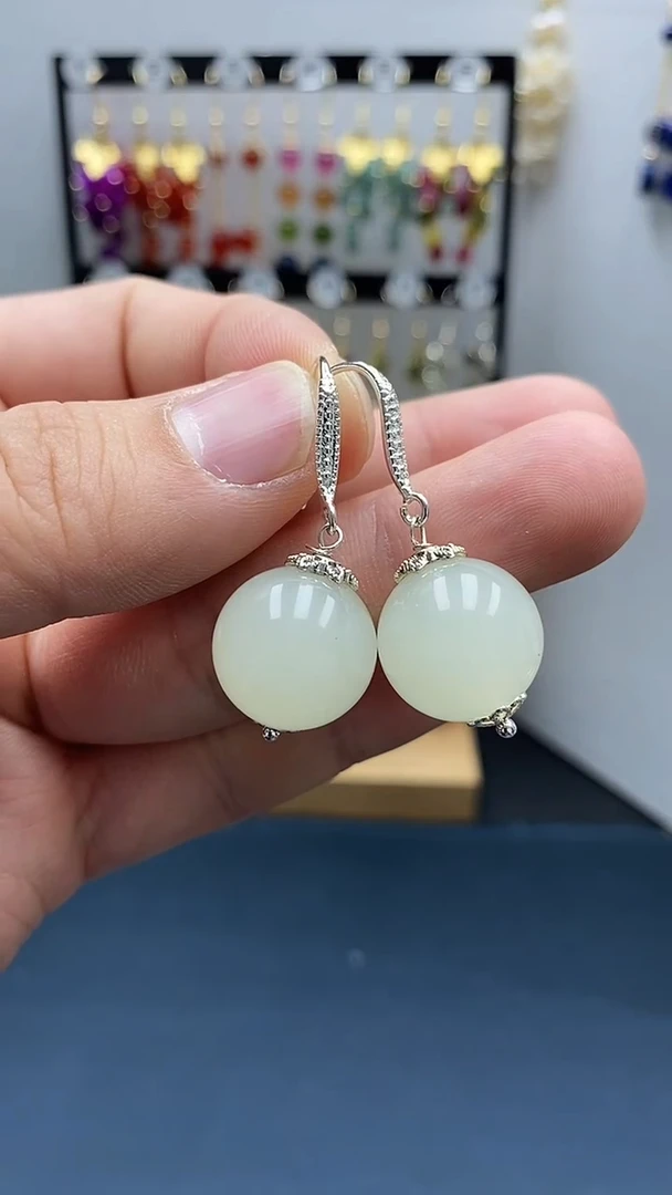 【闪购商品】和田玉耳饰银S925镶嵌尺寸16mmW1