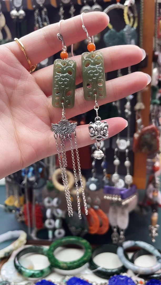 银S925镶嵌和田玉耳饰佐**佑饰品