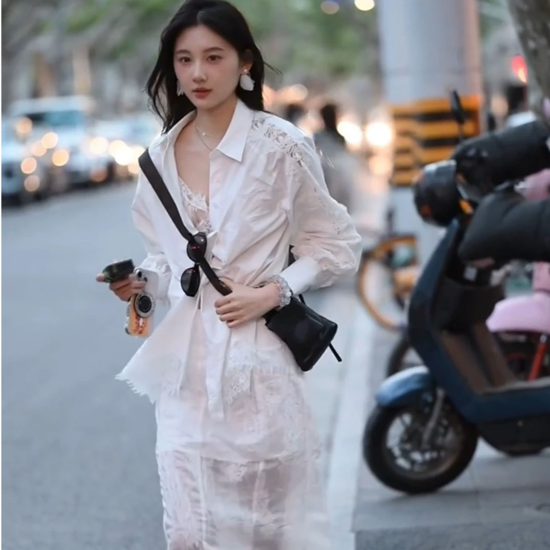 盐系轻熟风洋气减龄白色Polo领拼接蕾丝防晒衬衫半身裙套装女夏季