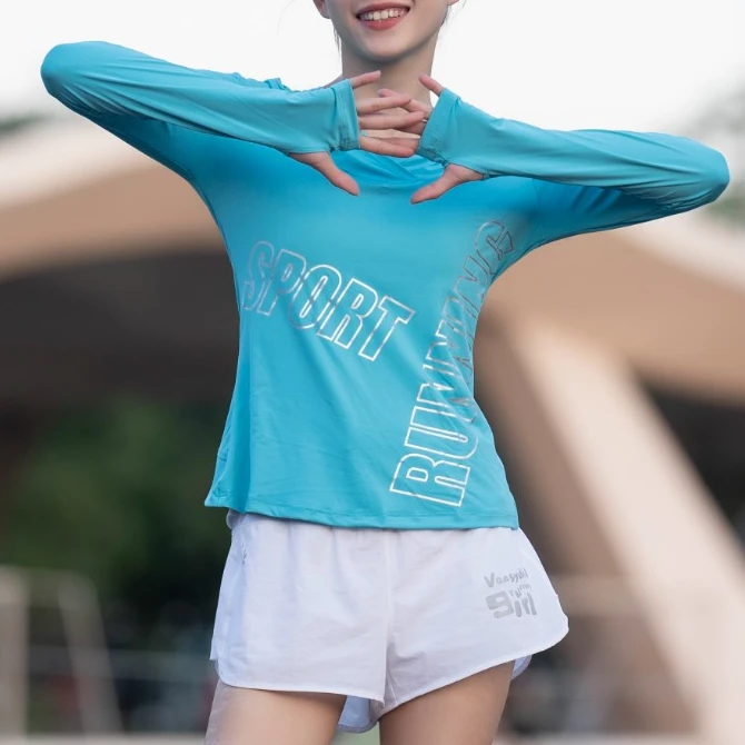 爆款网纱帽衫轻薄透气拼网健身衣户外运动修身速干弹力上衣长袖