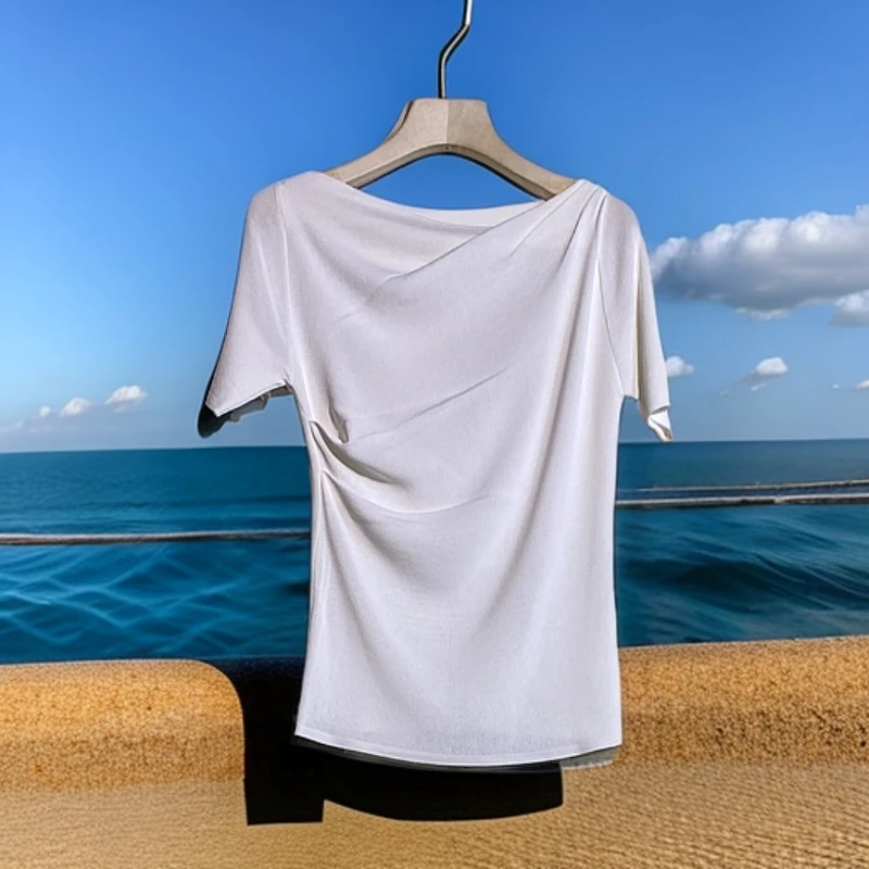 不规则一字领春夏抽褶针织衫简约时尚短袖静奢风白色百搭气质