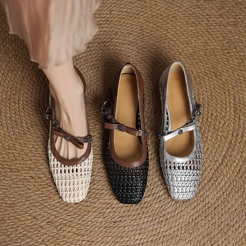 真皮复古编织单鞋2025新款爆款夏天粗跟中跟洞洞凉鞋女外穿高级感