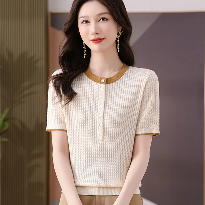 桑蚕丝女短袖夏季冰爽显瘦纯色时尚宽松薄款洋气圆领气质百搭韩版