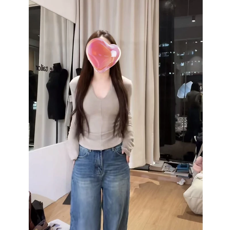 一只雪雪【百搭伴侣】新款秋冬气质修身辣妹加绒基础V领打底上衣