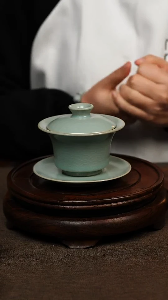 瓷片仿古天青全手三才马蹄盖碗130ml 全品 礼盒包装