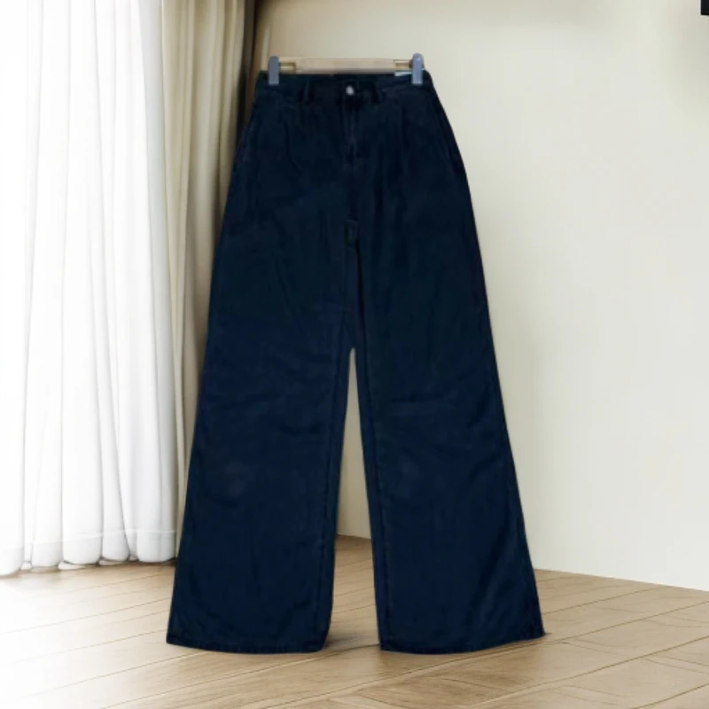 艳儿家【水洗做旧黑色天丝直筒牛仔裤】高腰宽松薄款直筒拖地裤