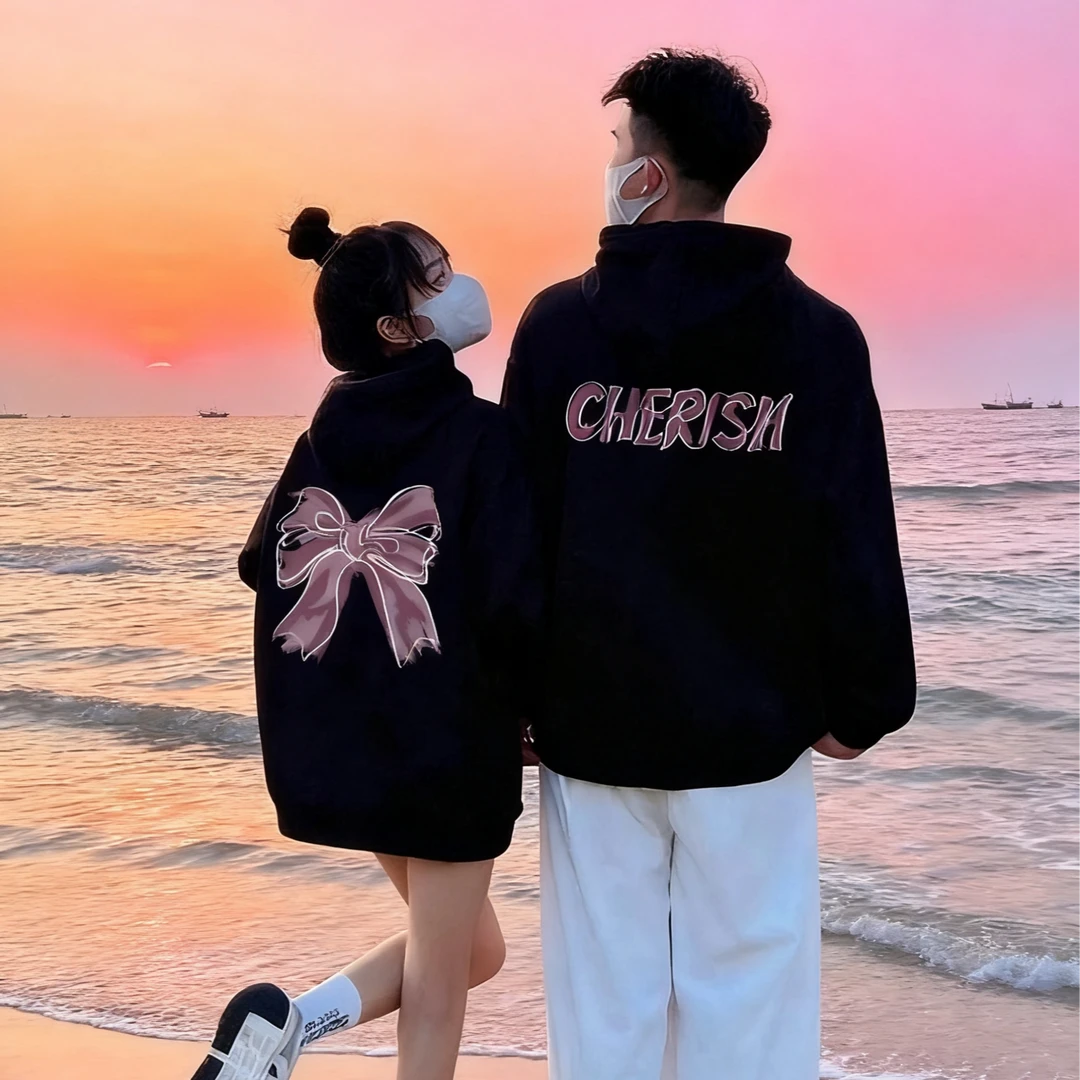 【两件装】重磅蝴蝶结情侣装卫衣秋冬季2025新款连帽卫衣纯棉外套装