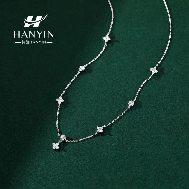 坠链均925银合成锆石 气质时尚纯银闪亮四叶草满天星项链AAA
