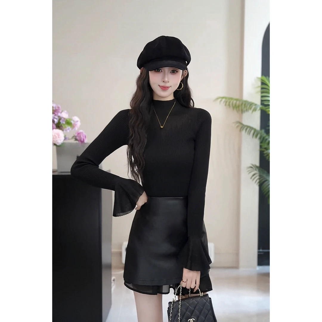 YUANLIANSU/圆脸酥【青山灼灼】法式修身喇叭袖立领针织衫女装秋季