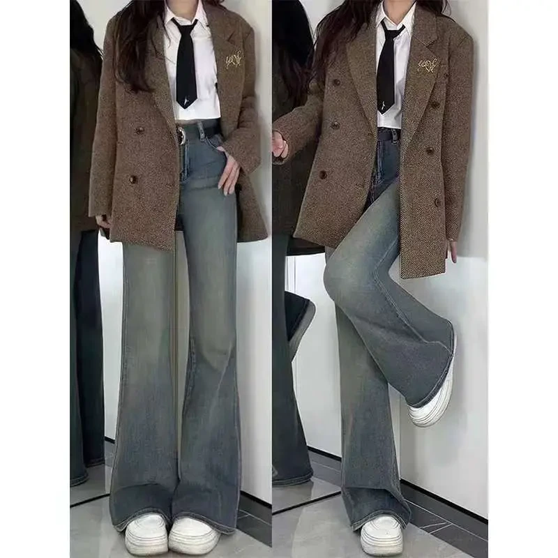 美式复古微喇大码胖mm牛仔裤女秋2025新款弹力高腰显瘦宽松拖地裤