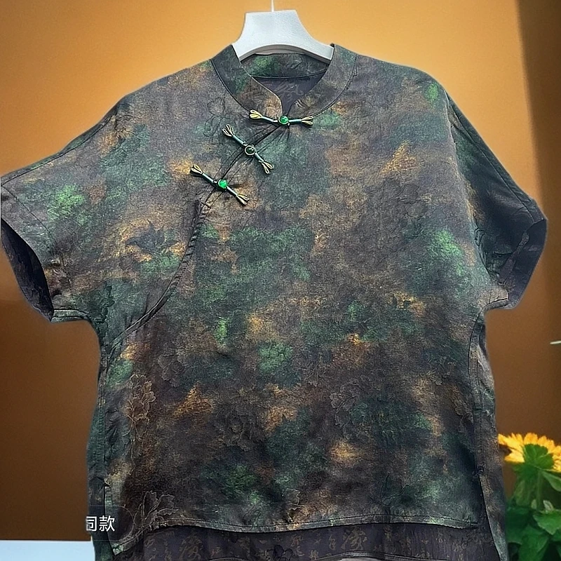 高端定制桑蚕丝百搭时尚减龄显瘦气质斜襟短袖上衣214