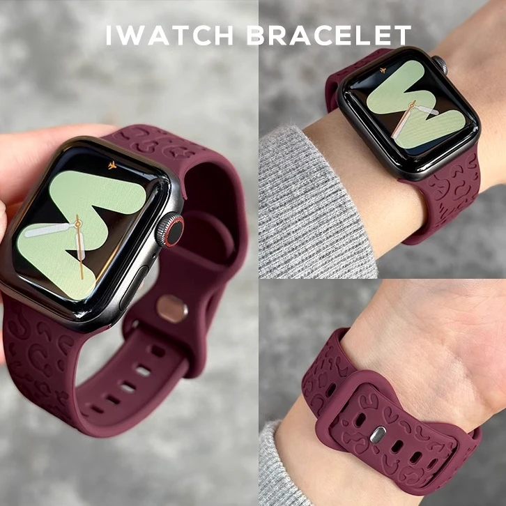 适用于苹果S10新款s9酒红色S8硅胶S7猫爪纹S6SE镭射工艺简约表带