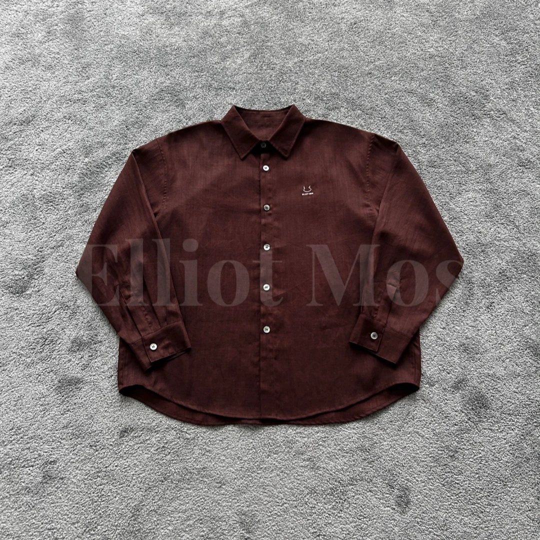 Elliot Mos笑脸绣花~Blended Shirt 亚麻混纺贝壳扣长袖衬衫-1230