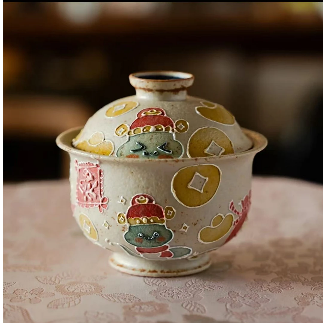 【柒月】火石红纯手绘蛇行大运盖碗