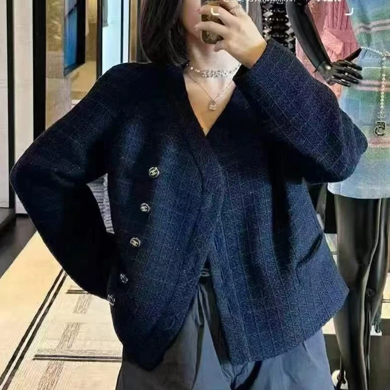 99新 Chanel/香奈儿 36码23P藏蓝色斜纹软呢长袖外套