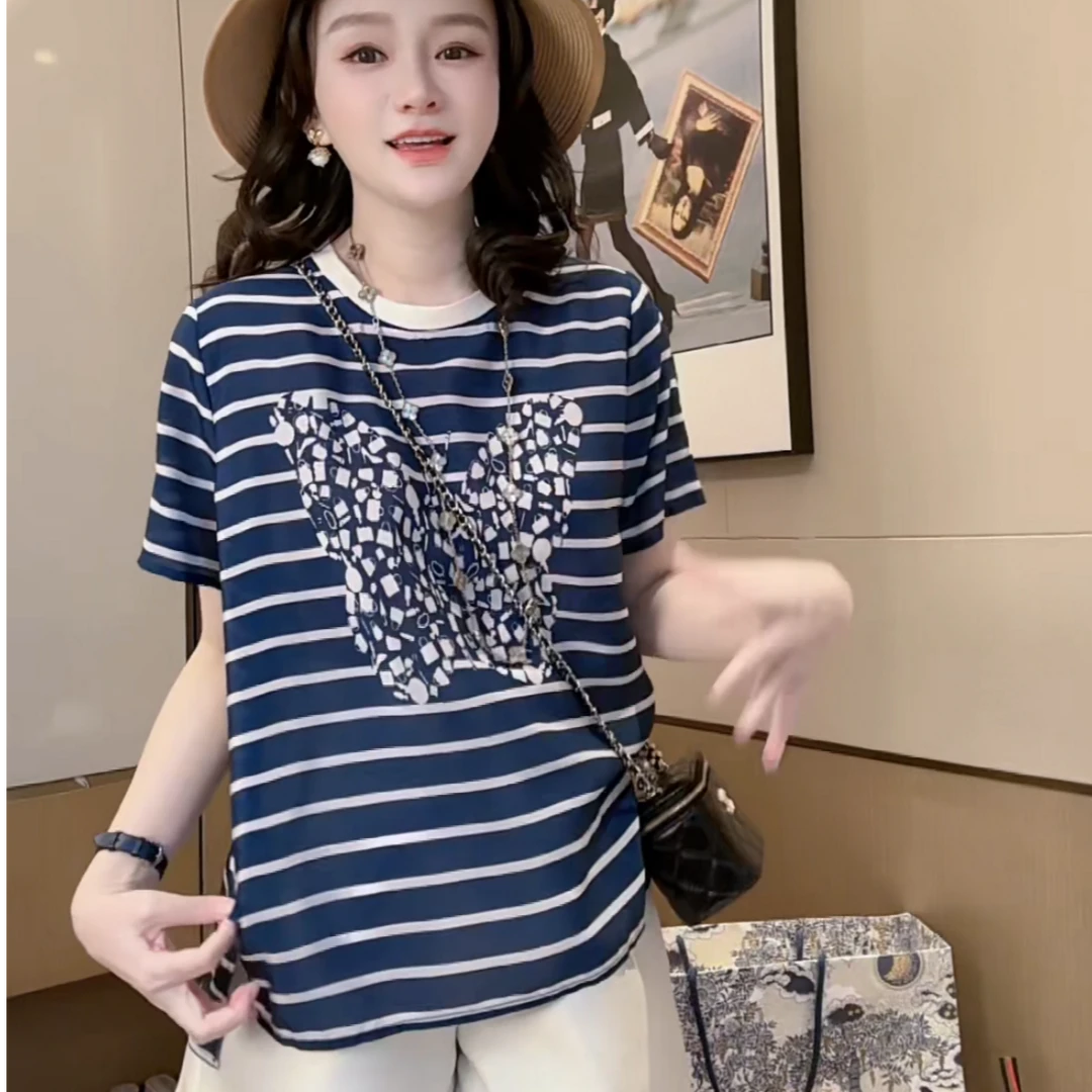 【丝芙玉禄】（F469）100%真丝双绉条纹创意蝴蝶桑蚕丝t恤上衣