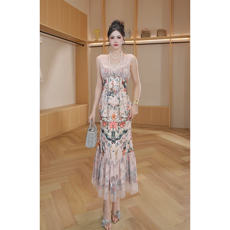 琼仪定制『曼珠沙华』夏季新款轻奢时尚碎花优雅收腰连衣裙 15200