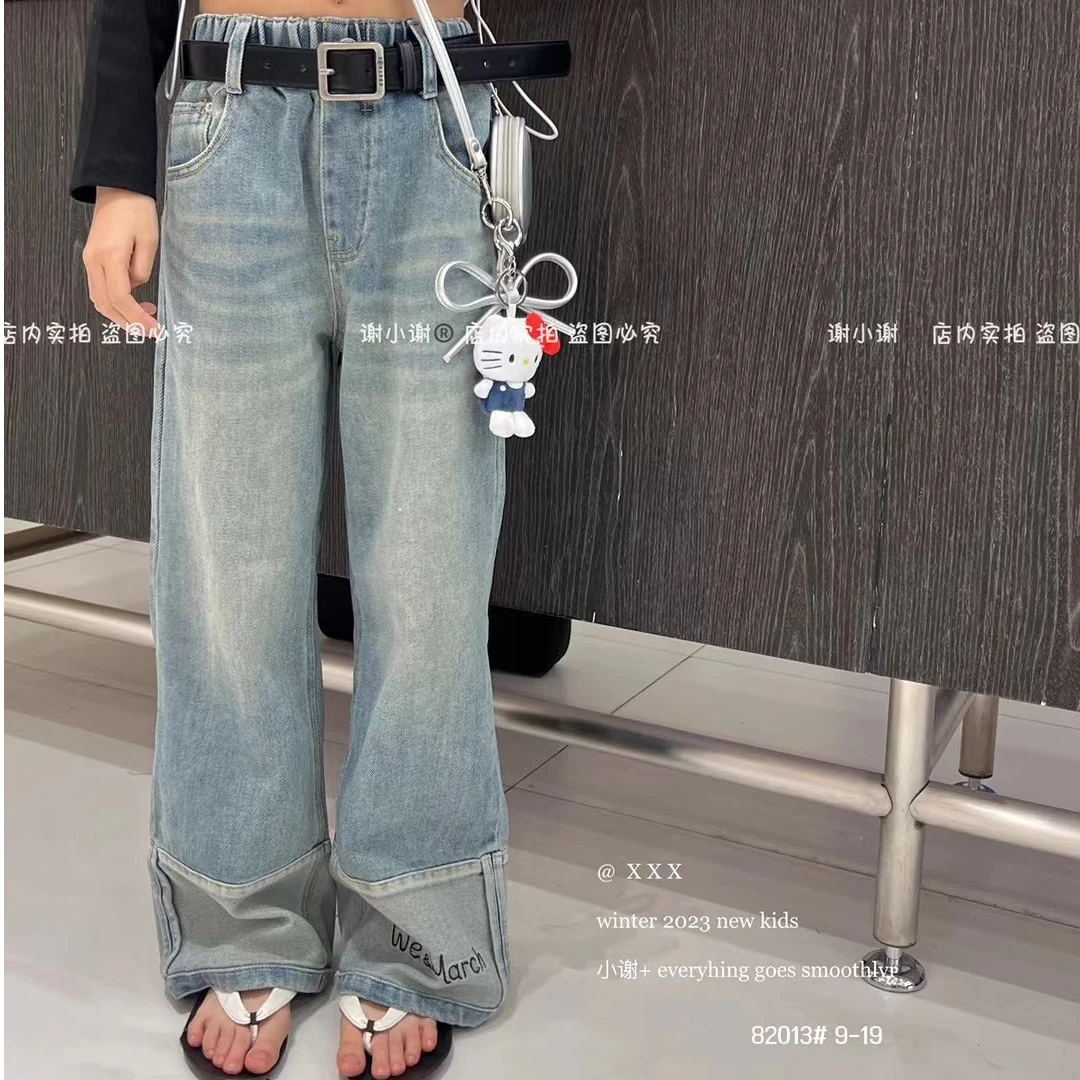 捡漏谢小谢 童装女童2025春季浅色拼接字母直筒裤阔腿裤牛仔裤子