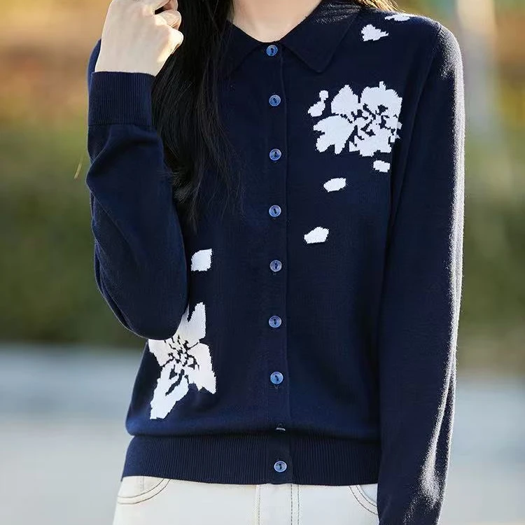 【精纺羊毛】Polo领枫叶长袖衬衣针织衫春秋时尚短款女士宽松提花