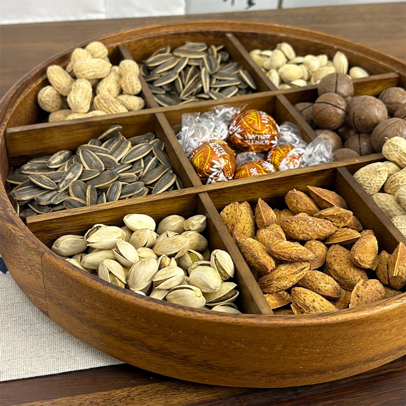新款九宫格中式点心实木圆形收纳盒分格糖果坚果干果果盘客厅果盒
