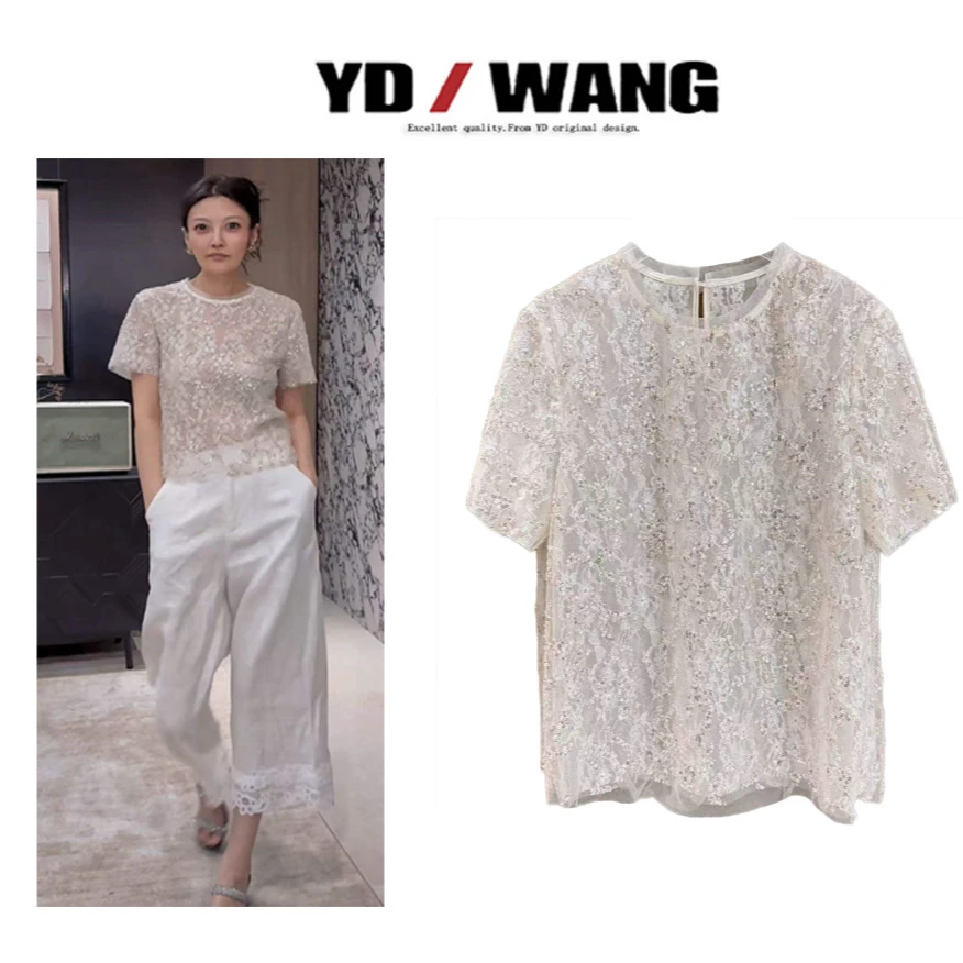 【YD精选】温柔风珠片蕾丝上衣  设计款时尚休闲小众气质女人味
