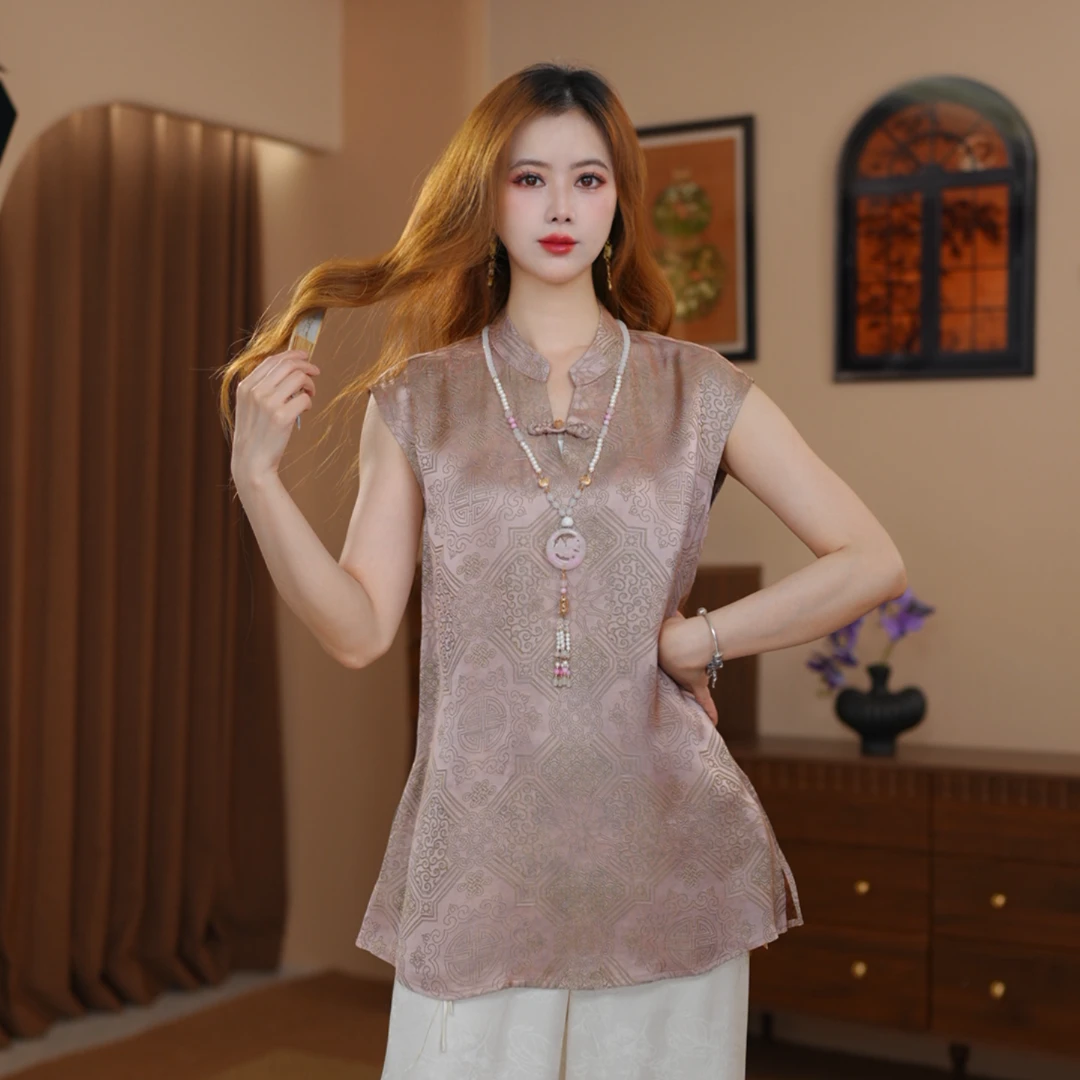 2025年夏款新款粉色刻花新中式V领上衣C2707宫阙-YI