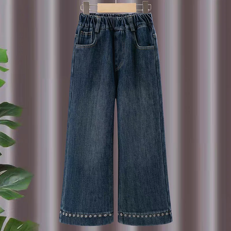 女童加绒牛仔裤秋冬新款直筒阔腿裤女孩韩版儿童冬季洋气加厚长裤