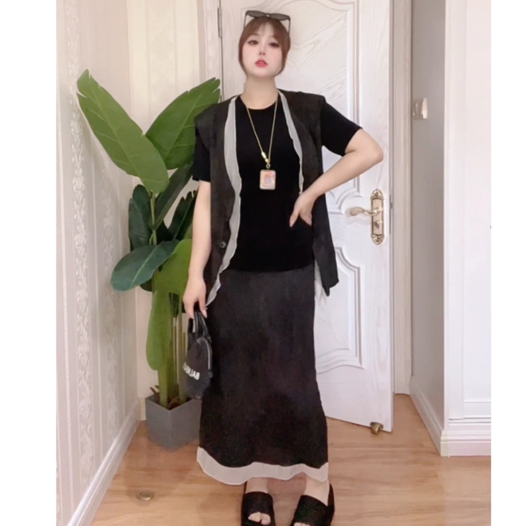 高级定制草墨晕染超高档软糯薄款夏季垫肩马甲打底半身裙三件套