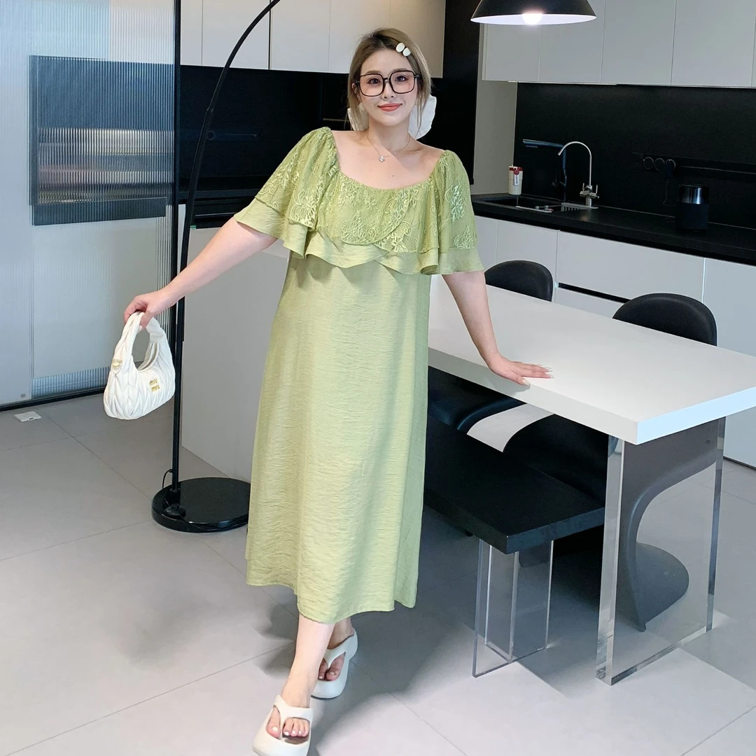 媛子大码法式蕾丝荷叶边连衣裙一字肩高级感小众遮肉时尚气质女装