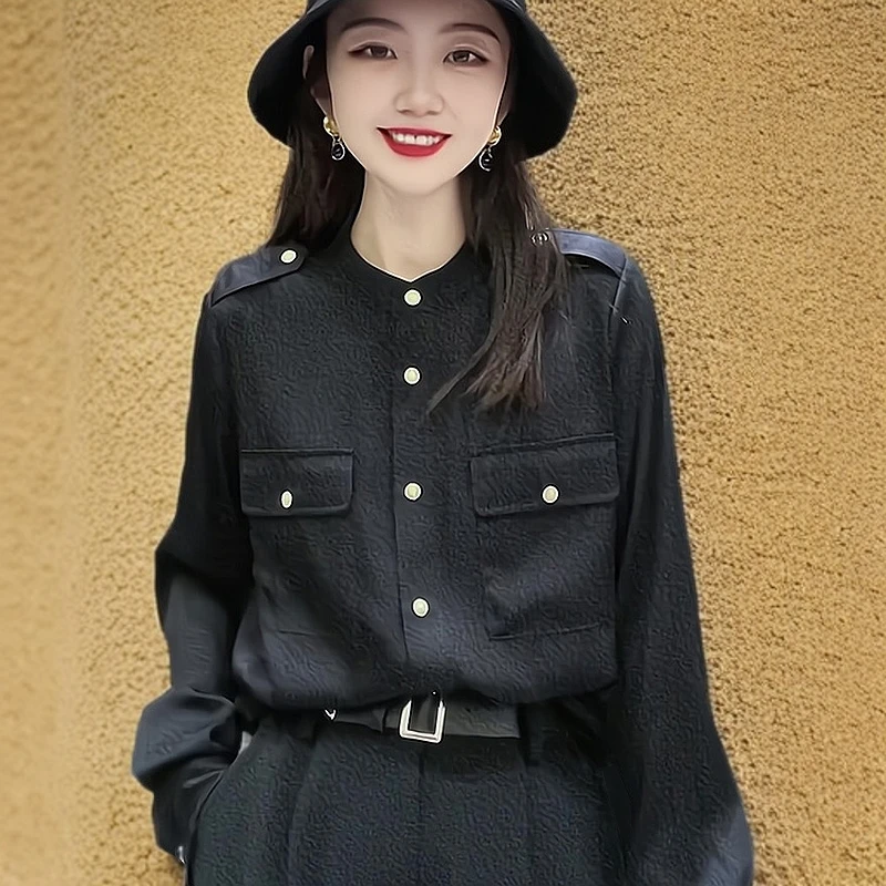 大码欧货重磅春季新款女装黑色缎面垂感衬衫2024高级感开衫上衣潮