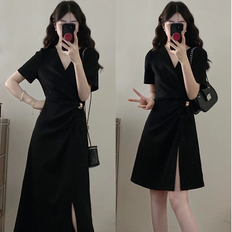 （80-200斤）法式v领连衣裙夏季气质收腰侧边开叉中长款裙子女1880