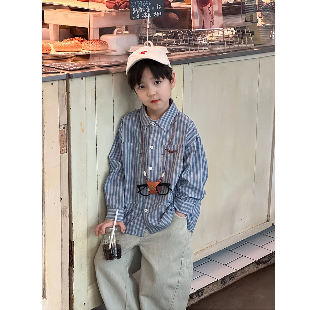 【依妈家】男童秋款气竖条纹刺绣全棉翻领儿童衬衫长袖韩版衬衣洋气