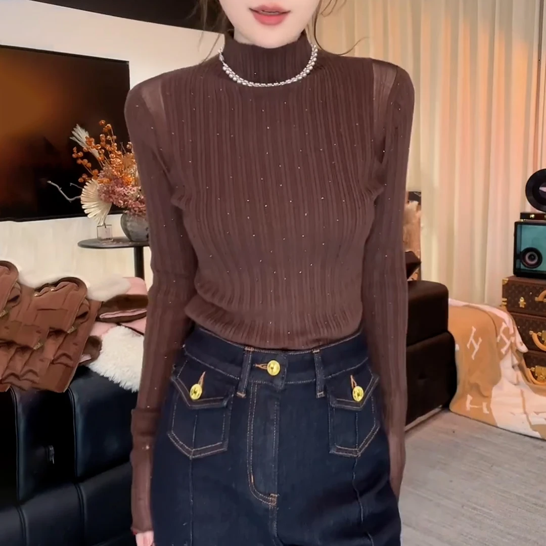 高级感重工烫钻立领针织衫女2025秋冬新款修身显瘦打底衫毛衣上衣