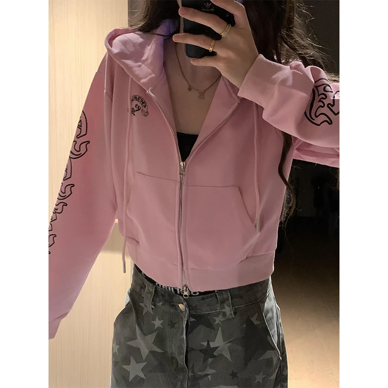 韩版时尚修身抽绳连帽卫衣秋季字母印花开衫外套休闲百搭学生运动