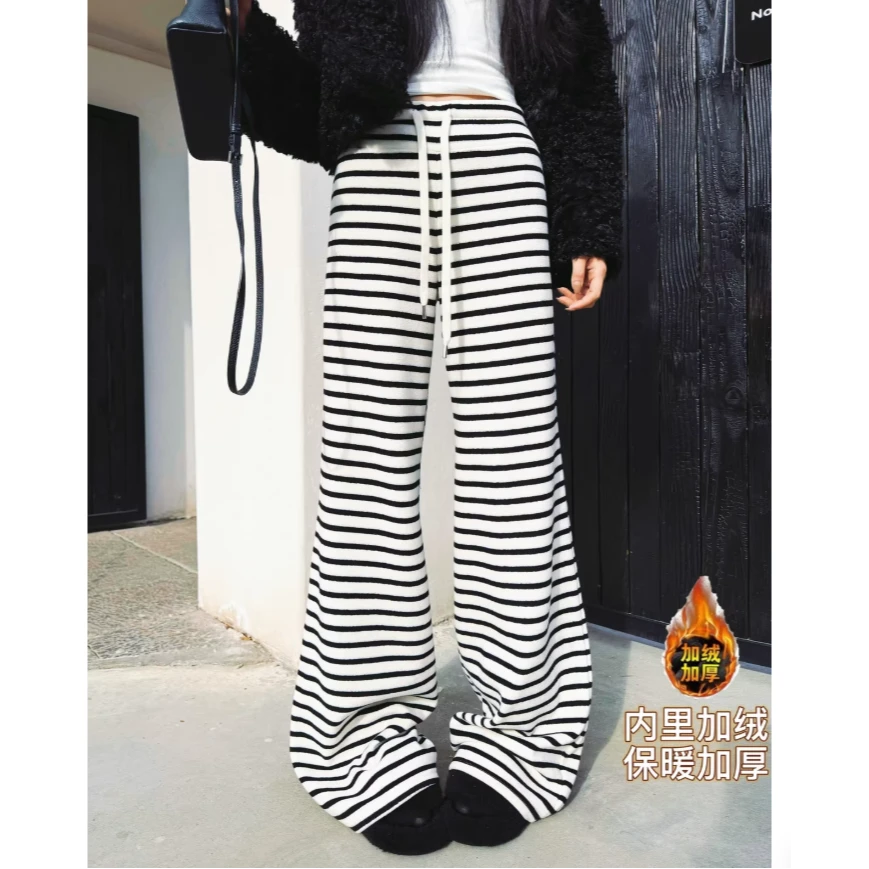猫猫家加长女裤秋冬加绒加厚条纹休闲裤女毛巾裤拖地阔腿裤5626