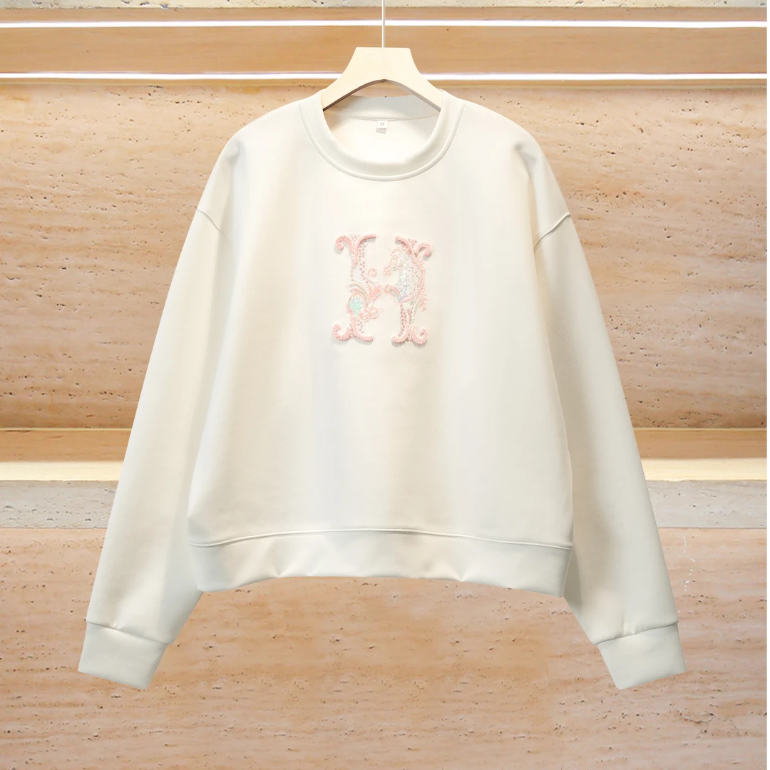 重工珠片牙刷绣美式休闲上衣女款春秋季百搭时尚短款女卫衣D57894