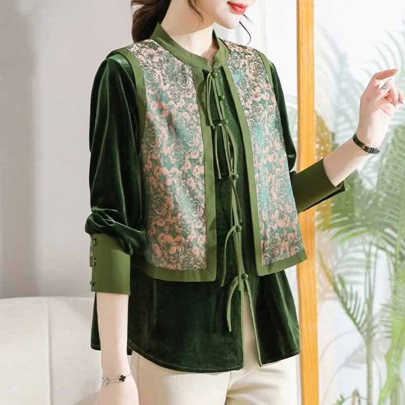 妈妈春装2025新款洋气套装中老年女装春秋长袖衬衫上衣新中式外套