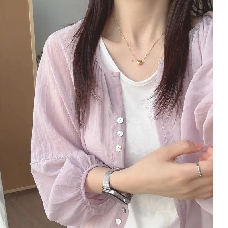 浅紫色防晒衣衬衫女大码夏季宽松外搭开衫上衣天丝轻薄款罩衫外套
