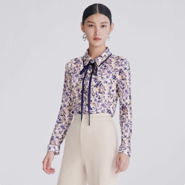 【众心专享价】卡迪黛尔秋季时尚气质碎花褶皱开襟衬衣女CE00926S1